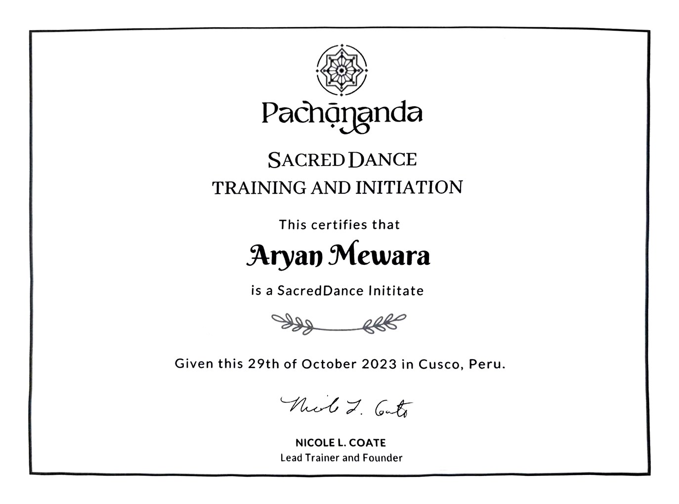 Pachananda certificate: Sacred Dance Training and Initiation, awarded to Aryan Mewara, 29 October 2023, Cusco, Peru